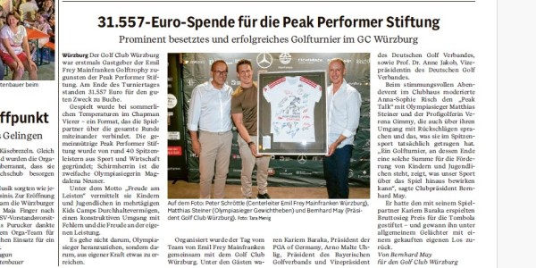 Peak Performer Stiftung in der Main-Post: Charity-Golfturnier erzielt 31.557 Euro Spenden